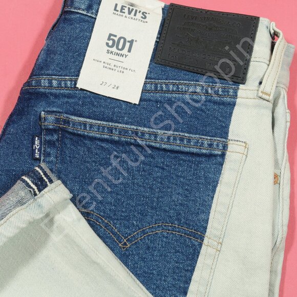 Levis 501 Jeans Womens 27 Blue White Selvedge High Waist Made & Crafted Chaps - Picture 1 of 7